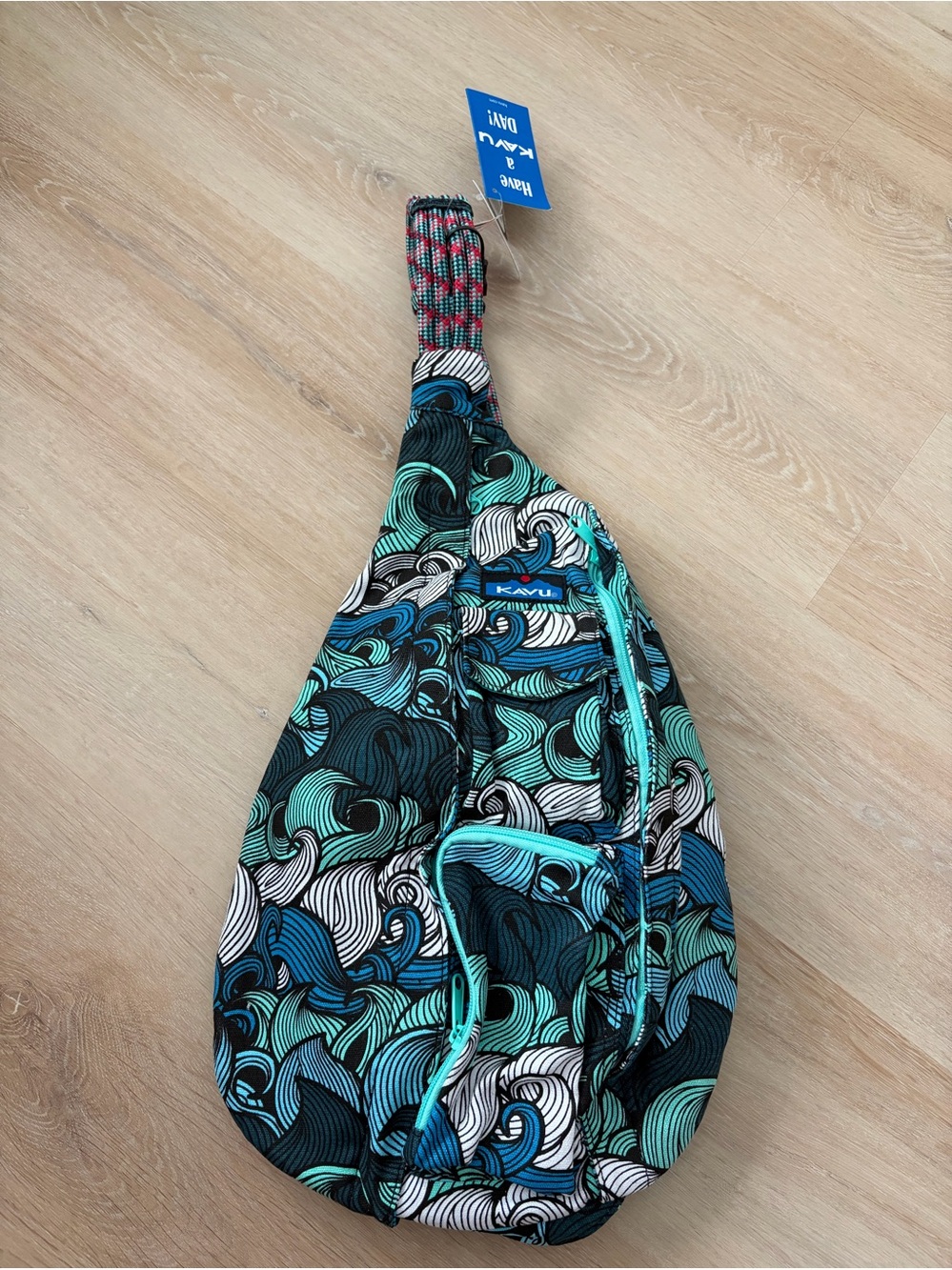 Kavu Teal Blue Black Wave-Print Sling Bag